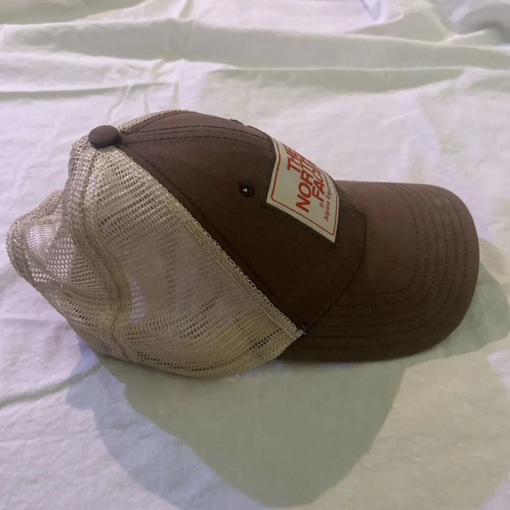 The North Face Hat Brown Trucker Snapback Cap Mesh Back Orange Logo Distressed